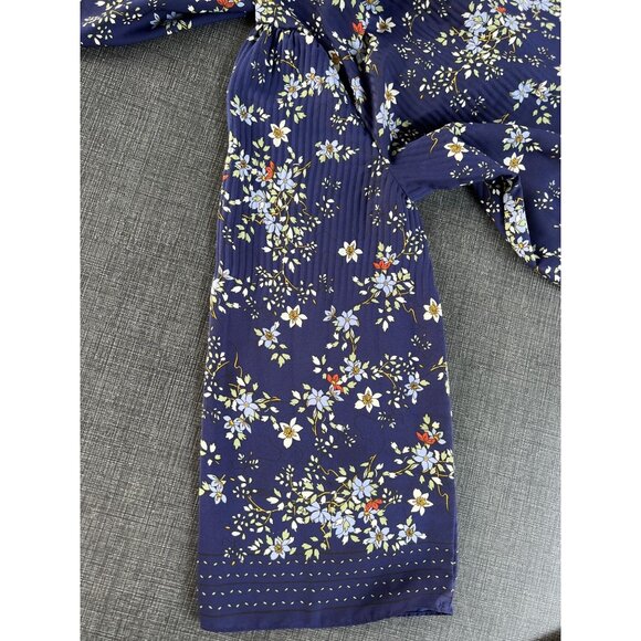 MAX STUDIO XL Navy-Blue Floral Pleated Blouse Long Bell Sleeves Boho Peasant - Picture 4 of 10